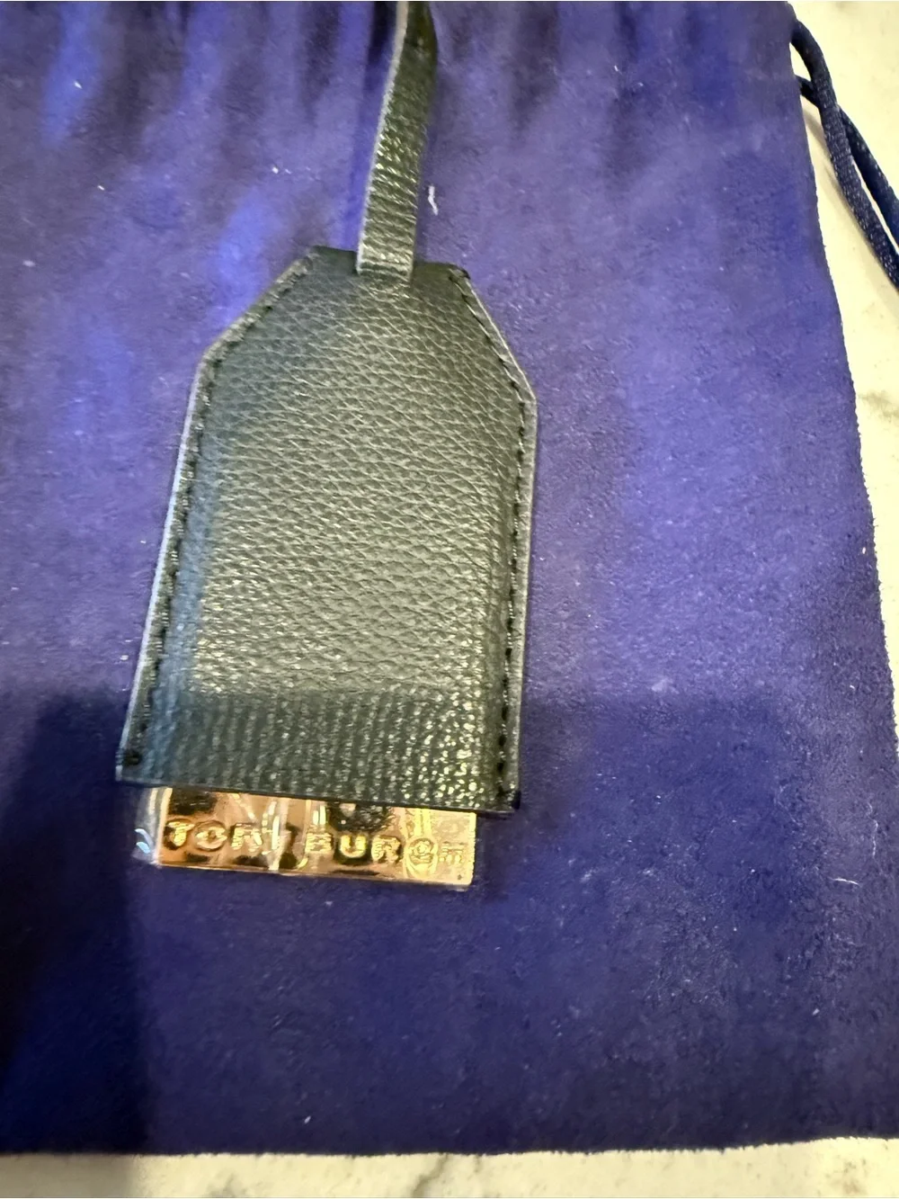 Tory Burch Black Pebbled Leather Tag with Gold-Tone Logo Plate
